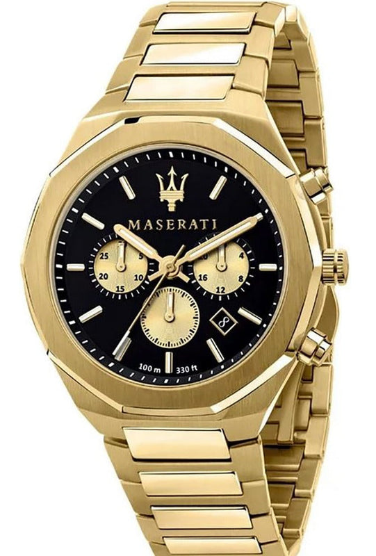 Maserati Stile 45mm Chronograph Black Dial Gold Steel Strap Watch For Men - R8873642001