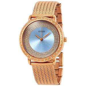 Guess Willow Crystal Blue Dial Rose Gold Mesh Bracelet Watch For Women - W0836L1