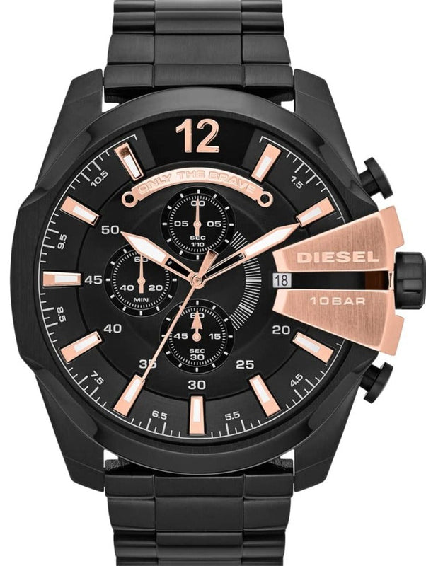 Diesel Mega Chief Chronograph Black Dial Black Steel Strap Watch For Men - DZ4309