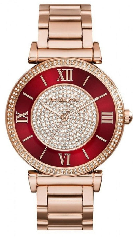 Michael Kors Caitlin Red Dial Rose Gold Stainless Steel Strap Watch for Women - MK3377