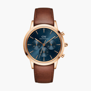 Daniel Wellington Iconic Chronograph Blue Dial Brown Leather Strap Watch For Men - DW00100639