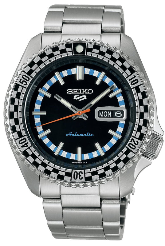 Seiko 5 Sports Checker Flag Special Edition Black Dial Silver Steel Strap Watch For Men - SRPK67K1