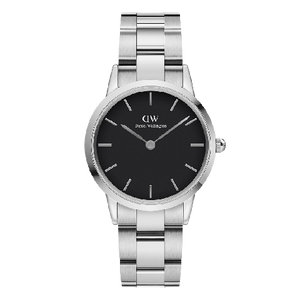 Daniel Wellington Iconic Link Black Dial Silver Steel Strap Watch For Women - DW00100206