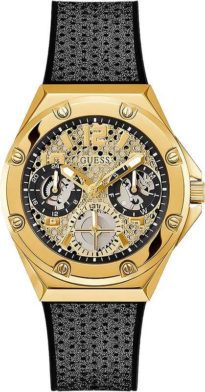 Guess Asteria Multifunction Gold Dial Black Rubber Strap Watch For Women - GW0620L2
