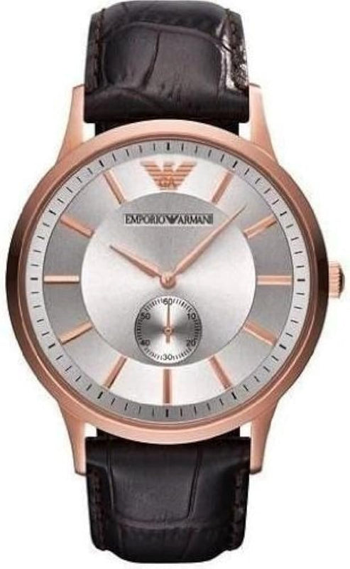 Emporio Armani Classic Analog Silver Dial Brown Leather Strap Watch For Men - AR9101