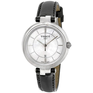 Tissot T Lady Flamingo Mother of Pearl White Dial Black Leather Strap Watch for Women - T094.210.16.111.00