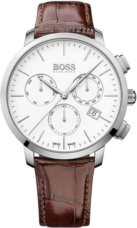 Hugo Boss Slim Chronograph White Dial Brown Leather Strap Watch For Men - 1513263