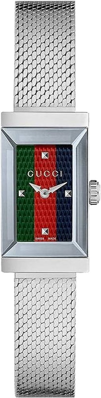 Gucci G Frame Quartz Diamonds Green & Red Mother of Pearl Dial Silver Mesh Bracelet Watch For Women - YA147510