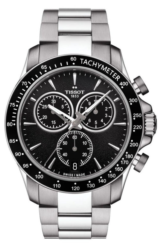 Tissot V8 Quartz Chronograph Black Dial Silver Steel Strap Watch For Men - T106.417.11.051.00