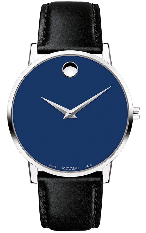 Movado Museum Blue Dial Black Leather Strap Watch For Men - 2100009