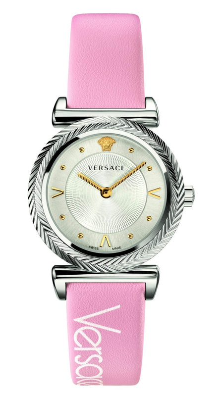 Versace V-Motif Silver Dial Pink Leather Strap Watch for Women - VERE00118