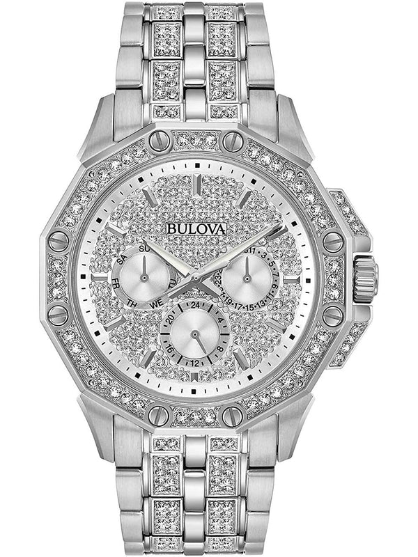 Bulova Crystal Collection Pave Silver Dial with Crystals Silver Steel Strap Watch for Men - 96C134