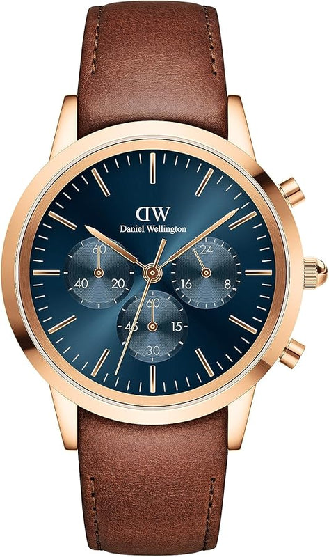 Daniel Wellington Iconic Chronograph Blue Dial Brown Leather Strap Watch For Men - DW00100639