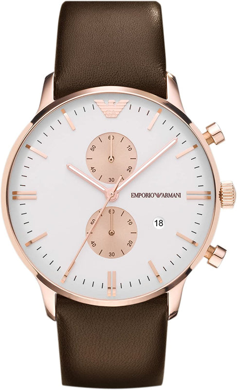 Emporio Armani Gianni Classic Chronograph White Dial Brown Leather Strap Watch For Men - AR0398