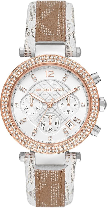 Michael Kors Parker Chronograph White Dial Two Tone Leather Strap Watch For Women - MK6950