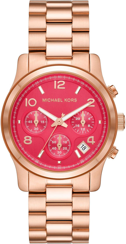 Michael Kors Runway Chronograph Pink Dial Rose Gold Steel Strap Watch For Women - MK7352