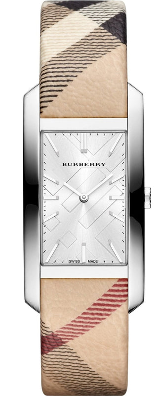 Burberry The Pioneer Silver Dial Haymarket Beige Leather Strap Watch for Women - BU9406
