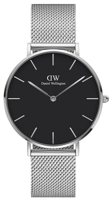 Daniel Wellington Petite Sterling Black Dial Silver Mesh Bracelet Watch For Women - DW00100304