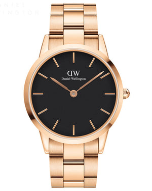 Daniel Wellington Iconic Link Black Dial Rose Gold Steel Strap Watch For Men - DW00100344