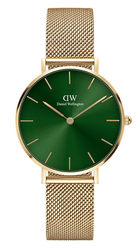 Daniel Wellington Petite Emerald Green Dial Gold Mesh Strap Watch For Women - DW00100480