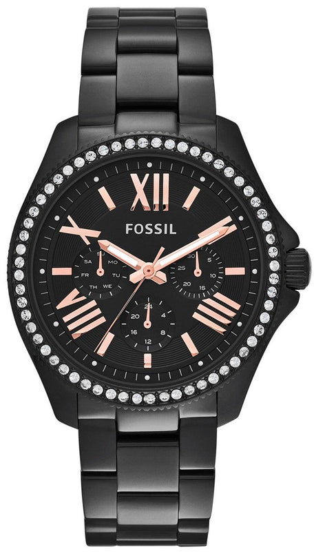 Fossil Cecile Multi Function Crystals Black Dial Black Steel Strap Watch for Women - AM4522