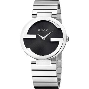 Gucci G Interlocking Black Dial Silver Steel Strap Watch For Women - YA133307