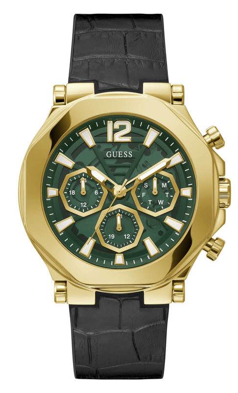 Guess Edge Chronograph Green Dial Black Leather Strap Watch For Men - GW0492G3