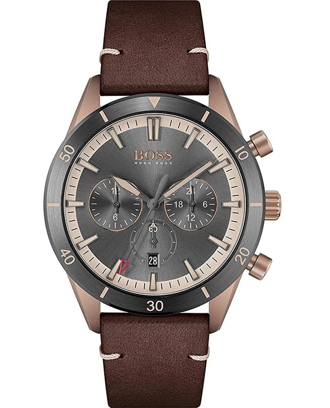 Hugo Boss Santiago Chronograph Grey Dial Brown Leather Strap Watch for Men - 1513861