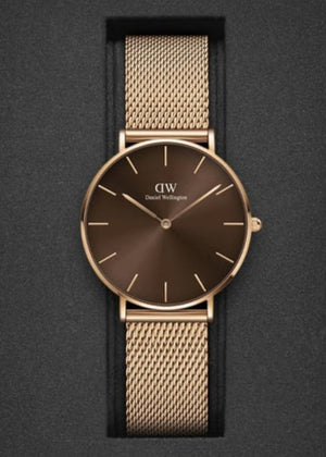 Daniel Wellington Petite Amber Brown Dial Rose Gold Mesh Strap Watch for Women - DW00100478