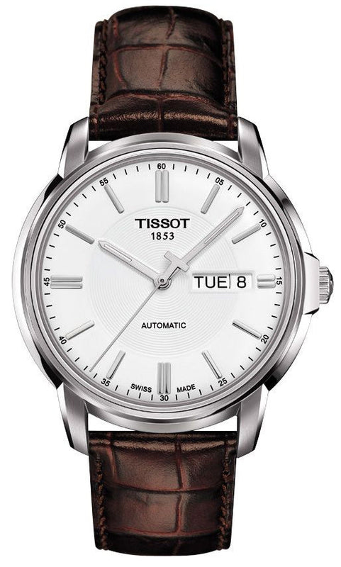 Tissot Automatics III Steel White Dial Brown Leather Strap Watch For Men - T065.430.16.031.00