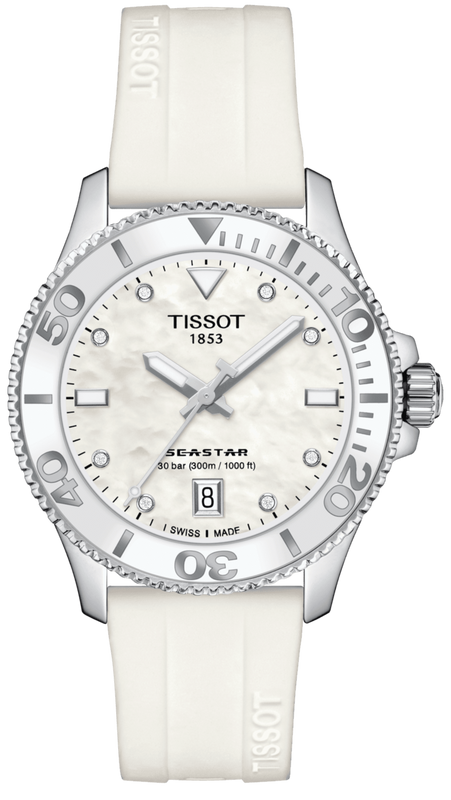 Tissot Seastar 1000 Mother of Pearl White Dial White Rubber Strap Watch for Women - T120.210.17.116.00