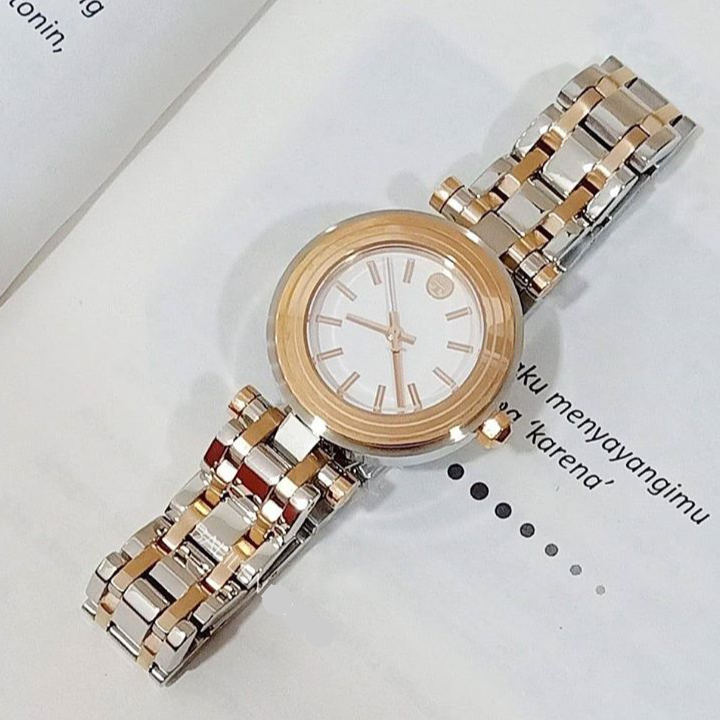 Tory Burch Classic T White Dial Two Tone Steel Strap Watch for Women - TBW9011