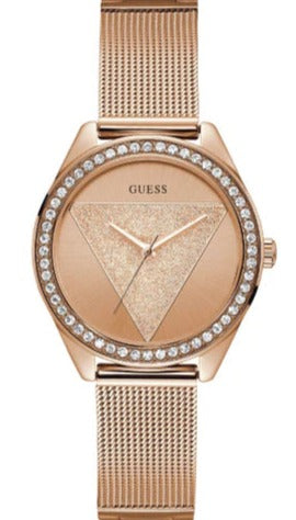 Guess Tri Glitz Quartz Diamonds Rose Gold Dial Rose Gold Mesh Bracelet Watch For Women - W1142L4