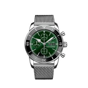 Breitling Superocean Heritage Chronograph 44 Green Dial Silver Mesh Bracelet Watch for Men - A13313121L1A1