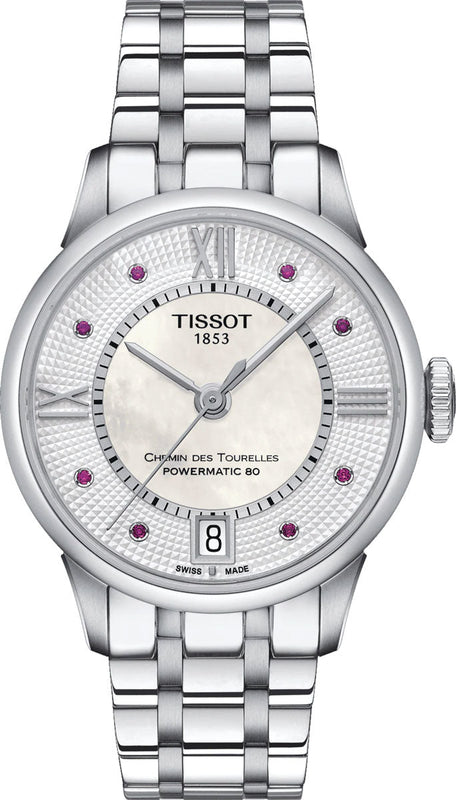 Tissot Chemin Des Tourelles Powermatic 80 Rubies Mother of Pearl Dial Silver Steel Strap Watch For Women - T099.207.11.113.00