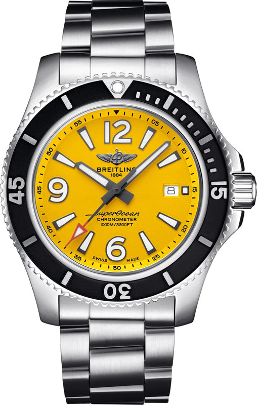 Breitling Superocean Automatic 44mm Yellow Dial Silver Steel Strap Watch for Men - A17375211/1A1