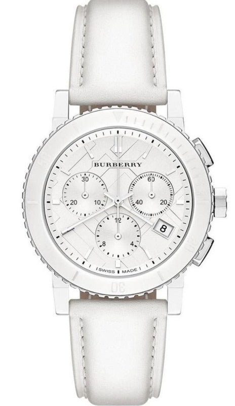 Burberry City Chronograph White Dial White Leather Strap Watch For Women - BU9701