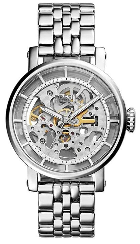 Fossil Boyfriend Automatic Skeleton Silver Dial Silver Steel Strap Watch for Women - ME3067