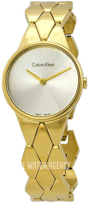 Calvin Klein Snake Silver Dial Yellow Gold Steel Strap Watch For Women - K6E23546