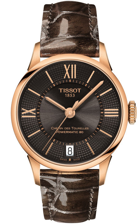 Tissot Chemin Des Tourelles Powermatic 80 Lady Brown Dial Brown Leather Strap Watch For Women - T099.207.36.448.00
