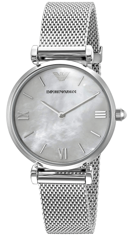 Emporio Armani Gianni T Bar Mother of Pearl Dial Silver Steel Strap Watch For Women - AR1955