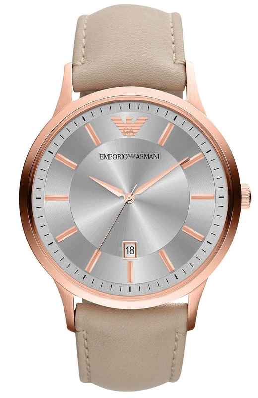 Emporio Armani Classic Quartz Silver Dial Beige Leather Strap Watch For Men - AR2464