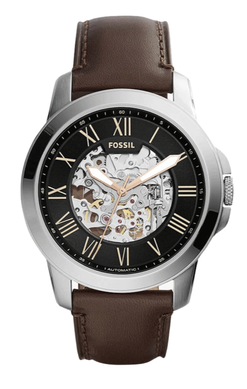 Fossil Grant Automatic Skeleton Black Dial Brown Leather Strap Watch for Men - ME3100