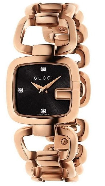 Gucci G Ladies Diamonds Black Dial Rose Gold Steel Strap Watch For Women - YA125512