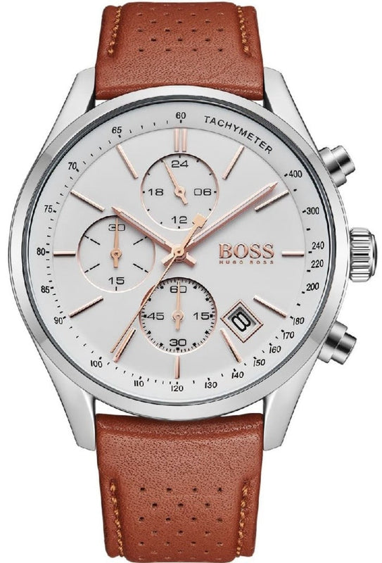 Hugo Boss Grand Prix White Dial Brown Leather Strap Watch for Men - 1513475