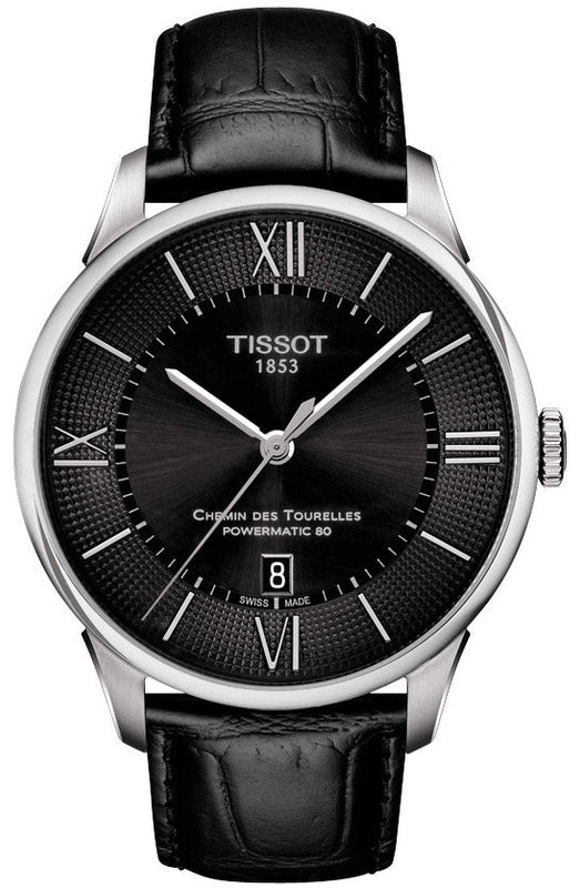 Tissot Chemin Des Tourelles Powermatic 80 Black Dial Black Leather Strap Watch For Men - T099.407.16.058.00