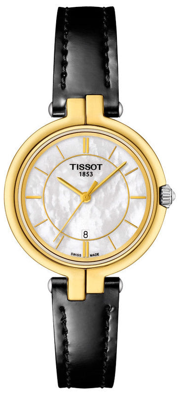 Tissot Flamingo Mother of Pearl White Dial Black Leather Strap Watch For Women - T094.210.26.111.00