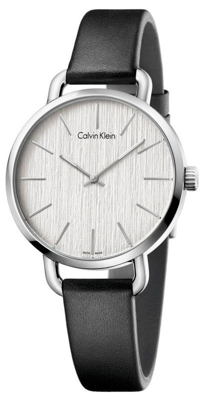 Calvin Klein Even Silver Black Leather Strap Watch for Women - K7B231C6