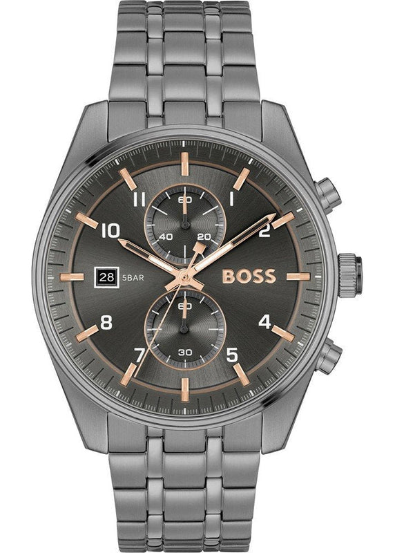Hugo Boss Skytraveller Chronograph Gunmetal Grey Dial Grey Steel Strap Watch for Men - 1514153