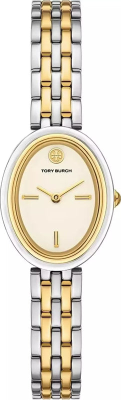 Tory Burch Oval White Dial Two Tone Steel Strap Watch for Women - TBW6033